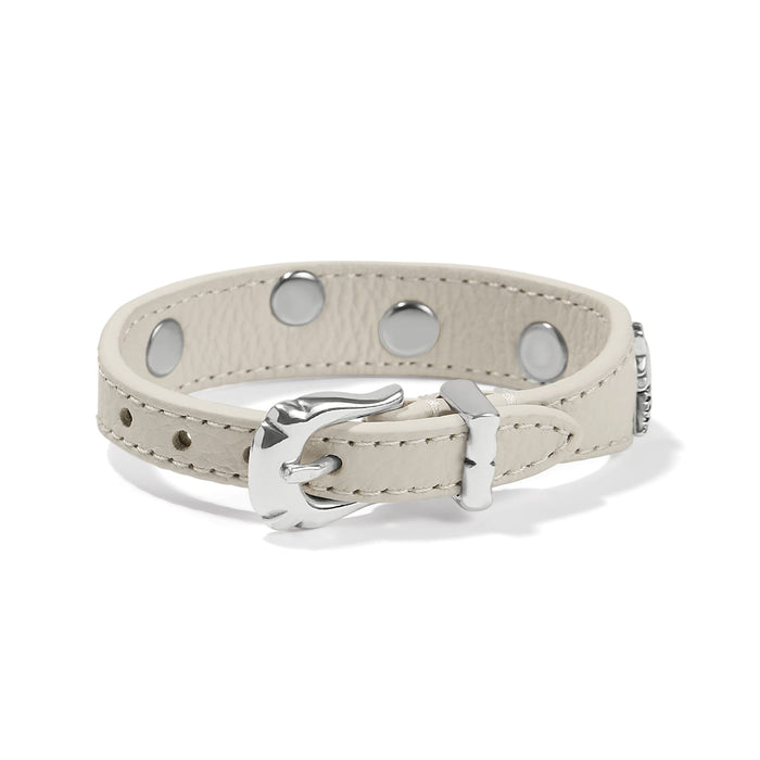 Brighton bracelet in cream leather with silver-plated buckle closure and decorative studs on a white background