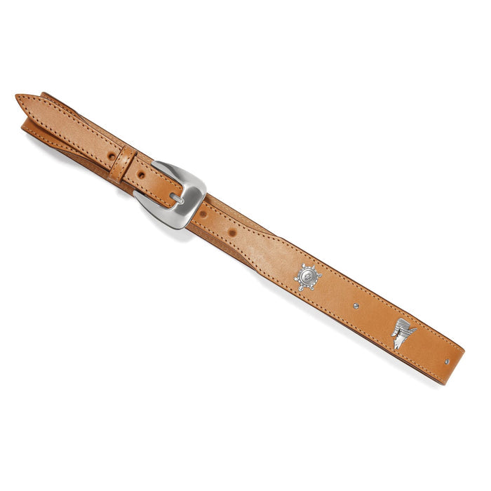 Brighton tan leather belt with silver-tone buckle and small decorative silver conchos on a white background