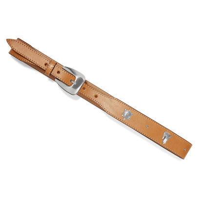Brighton tan leather belt with silver-tone buckle and small decorative silver conchos on a white background