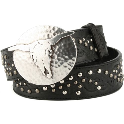 Brighton black leather belt with silver-tone longhorn skull buckle, studs, and tooled scroll detail on a white background