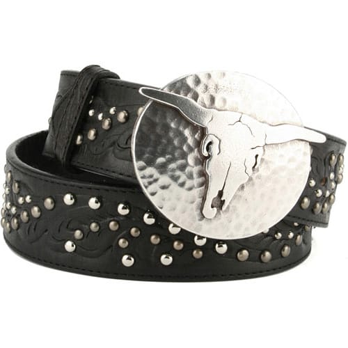 Brighton black leather belt with tooled detail, silver-tone studs, and longhorn skull buckle on a white background