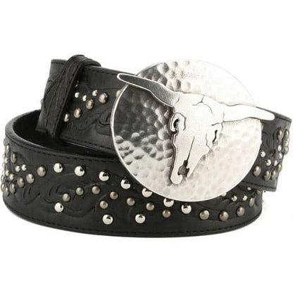 Brighton black leather belt with tooled detail, silver-tone studs, and longhorn skull buckle on a white background