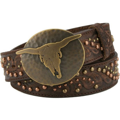 Brighton brown leather belt with longhorn skull medallion buckle, tooled scrollwork, and copper studs on a white background