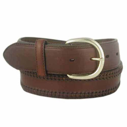 Brighton brown leather belt with gold-tone rounded buckle and decorative stitched edge detailing on a white background