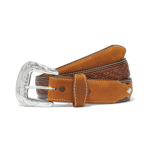 Brighton tan leather belt with embossed diamond pattern, contrast stitching, and engraved silver-tone buckle on a white background
