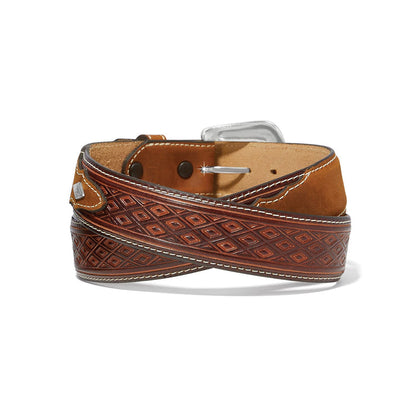 Brighton brown leather belt with diamond tooled pattern, contrast stitching, and silver-tone buckle on a white background