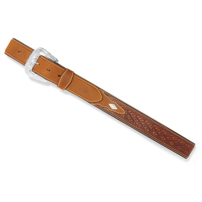 Brighton tan leather belt with silver-tone engraved buckle, diamond embossed pattern, and white contrast stitching on a white background