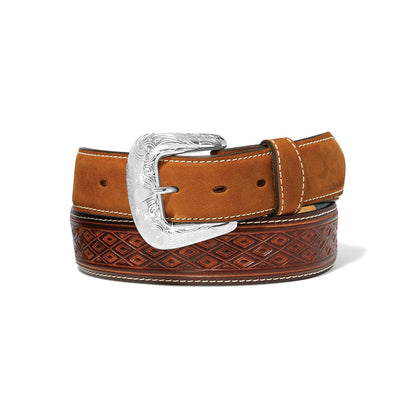 Brighton leather belt with tan suede strap, diamond-embossed brown billet, and engraved silver-tone buckle on a white background