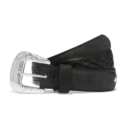 Brighton black leather belt with diamond-embossed pattern and engraved silver-tone scroll buckle on a white background