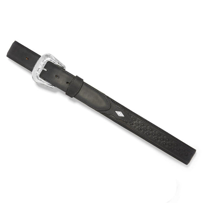 Brighton black leather belt with embossed diamond pattern and engraved silver-tone western buckle on a white background