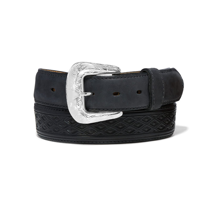 Brighton black leather belt with diamond embossed pattern and engraved silver-tone western buckle on a white background