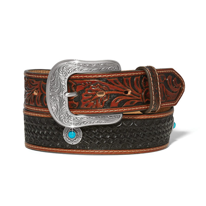 Brighton leather belt with tooled floral and basketweave patterns, engraved silver-tone buckle, and turquoise howlite conchos on a white background