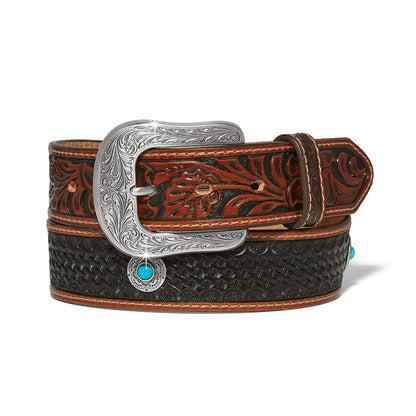 Brighton leather belt with tooled floral and basketweave patterns, engraved silver-tone buckle, and turquoise howlite conchos on a white background