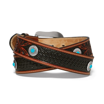 Brighton leather belt with tooled basketweave design, turquoise howlite conchos, and contrast stitching on a white background