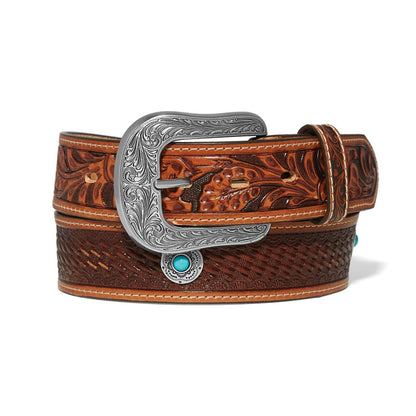 Brighton tooled leather belt with floral and basketweave patterns, engraved silver-tone buckle, and turquoise howlite accents on a white background