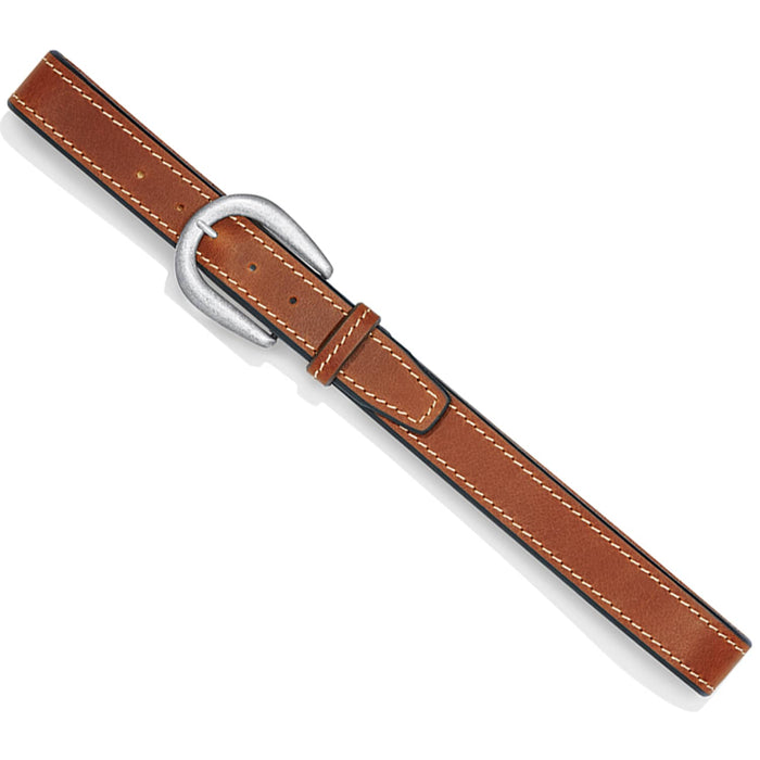 Brighton brown leather belt with contrast white stitching and silver-tone rounded buckle on a white background