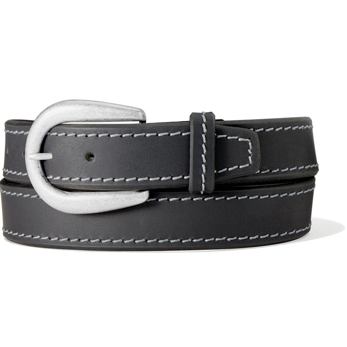 Brighton black leather belt with contrast white stitching and silver-tone horseshoe buckle on a white background