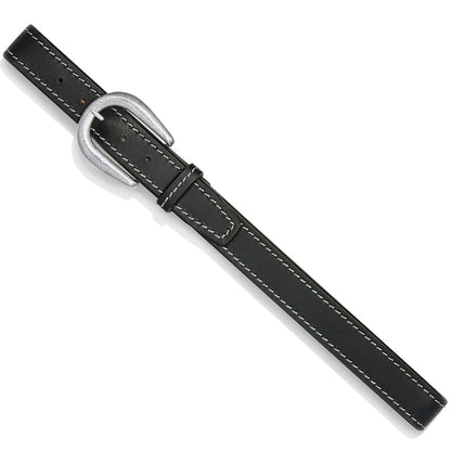 Brighton black leather belt with white contrast stitching and silver-tone horseshoe buckle on a white background