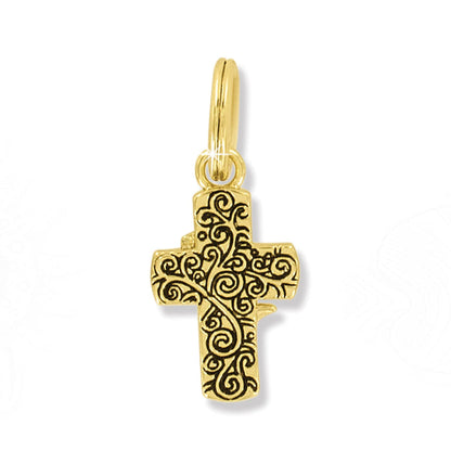 Brighton cross charm pendant with gold-plated finish and black enamel scroll detailing on a white background