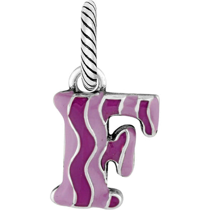 Brighton letter F charm with pink and magenta wavy enamel stripes and twisted silver-tone bail on a white background