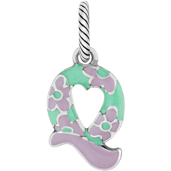 Brighton letter Q charm with green and lavender enamel floral pattern and heart cutout on a white background
