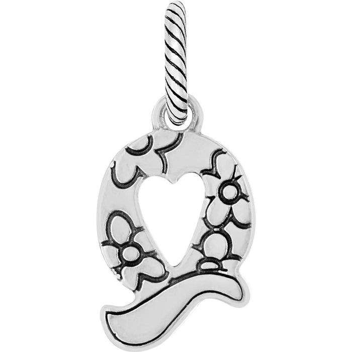 Brighton letter Q charm with silver-tone floral engraving and heart-shaped cutout, twisted rope bail on a white background