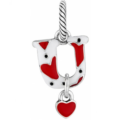 Brighton letter U charm with red and white enamel hearts and dangling red heart accent on a white background