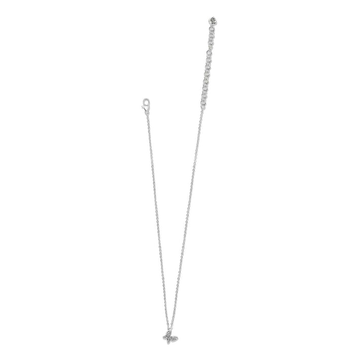 Brighton silver-plated chain necklace with small crystal butterfly pendant and adjustable extender clasp on a white background