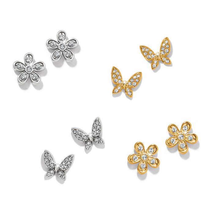 Brighton stud earrings set with silver-plated and gold-plated flower and butterfly designs featuring crystals on a white background