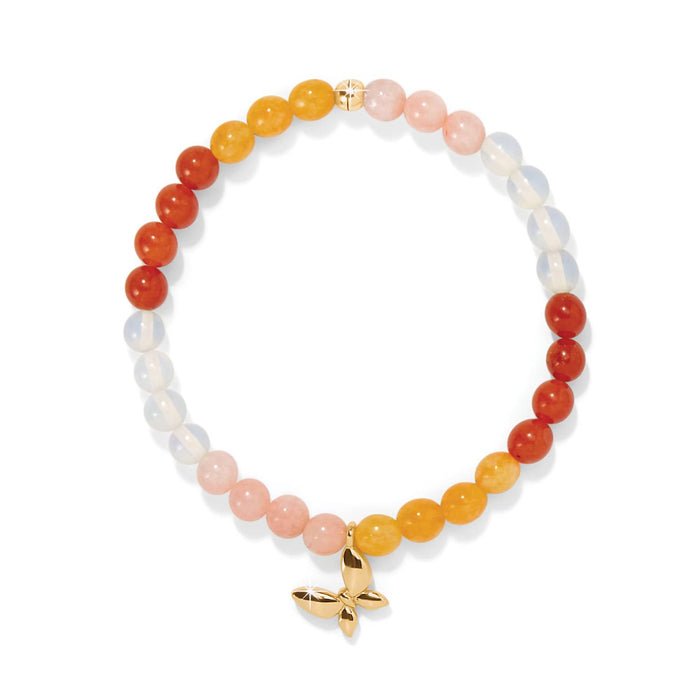 Brighton beaded bracelet with orange, yellow, pink, and opalescent beads and gold-plated butterfly charm on a white background