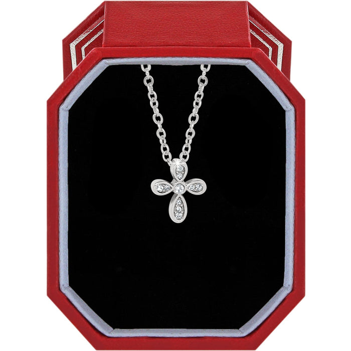 Brighton silver-plated cross pendant necklace with crystal accents displayed in a red gift box on a white background