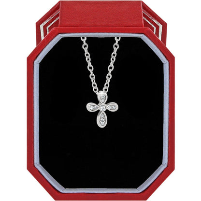 Brighton silver-plated cross pendant necklace with crystal accents displayed in a red gift box on a white background