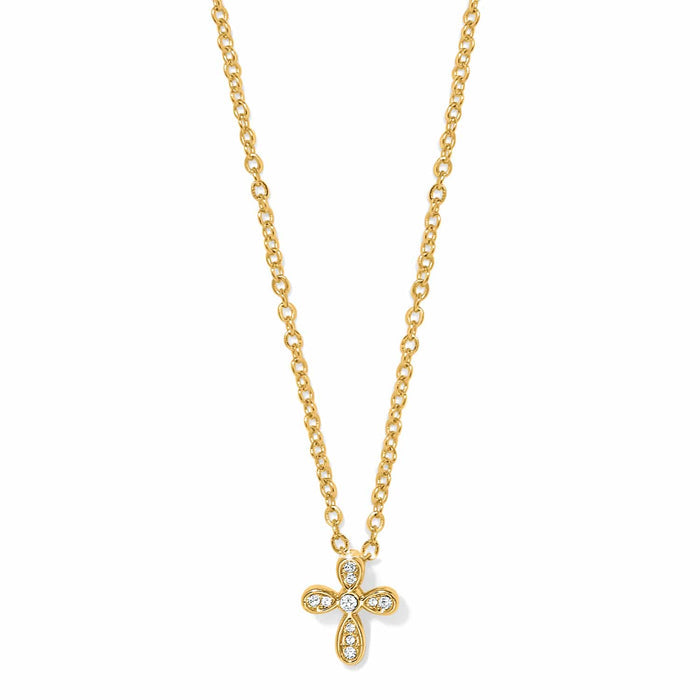 Brighton pendant necklace with gold-plated chain and small crystal-set cross pendant on a white background
