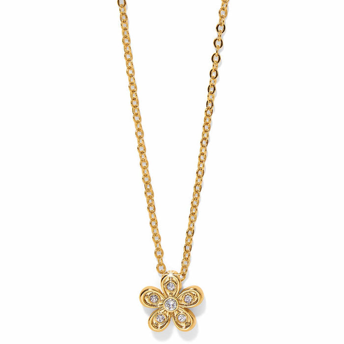 Brighton pendant necklace with gold-plated flower charm and crystal accents on delicate chain on a white background
