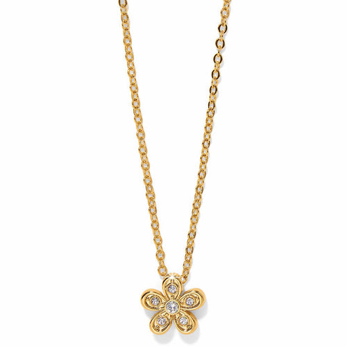Brighton pendant necklace with gold-plated flower charm and crystal accents on delicate chain on a white background