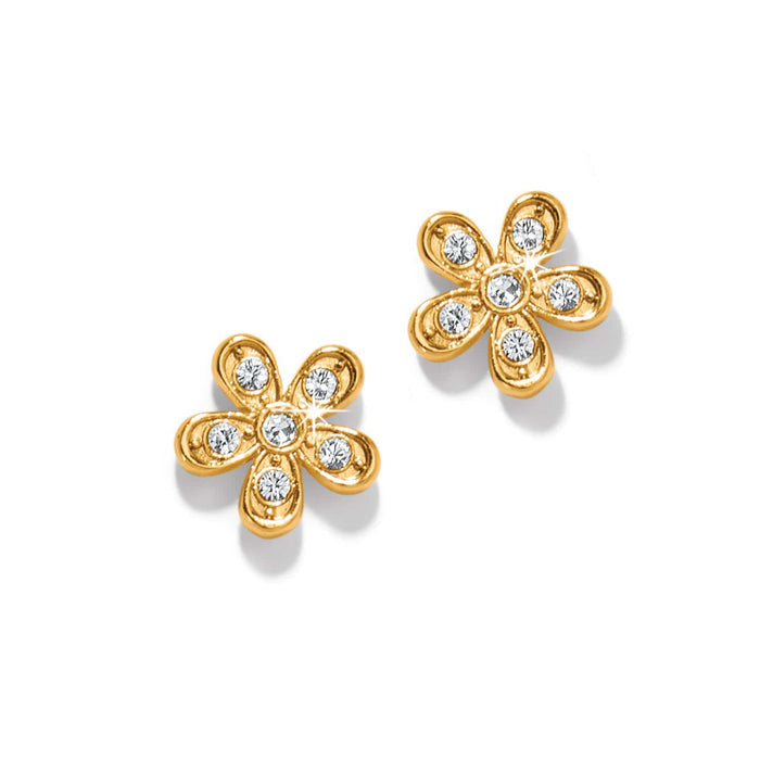 Brighton stud earrings with gold-plated flower design and crystal accents on each petal on a white background