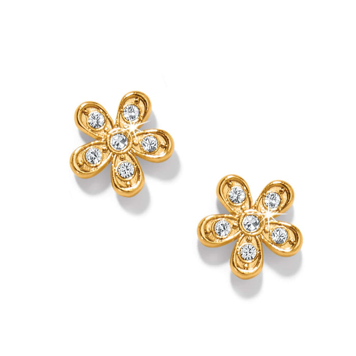 Brighton stud earrings with gold-plated flower design and crystal accents on petals and centers on a white background