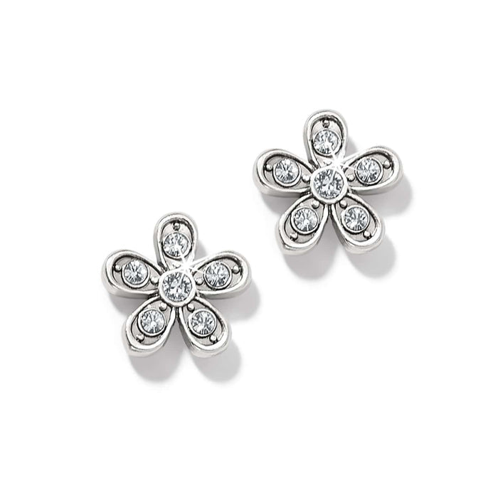 Brighton stud earrings with silver-plated five-petal flower design and crystal accents on a white background