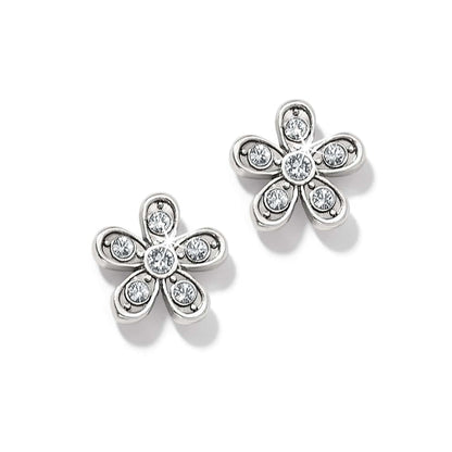 Brighton stud earrings with silver-plated five-petal flower design and crystal accents on a white background
