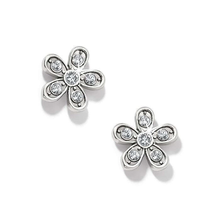 Brighton stud earrings with silver-plated flower design and crystal accents on petals and centers on a white background