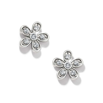 Brighton stud earrings with silver-plated flower design and crystal accents on petals and centers on a white background