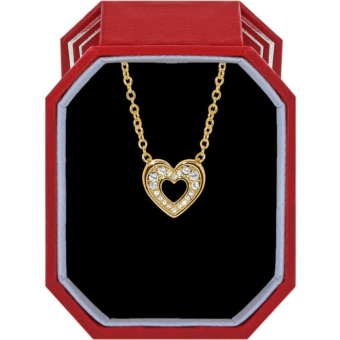 Brighton gold-plated heart pendant necklace with crystal accents displayed in a red gift box on a white background