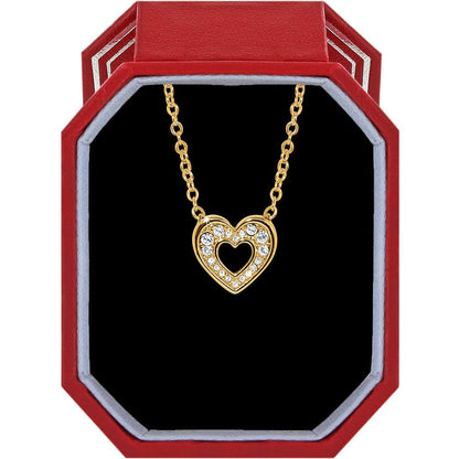 Brighton gold-plated heart pendant necklace with crystal accents displayed in a red gift box on a white background