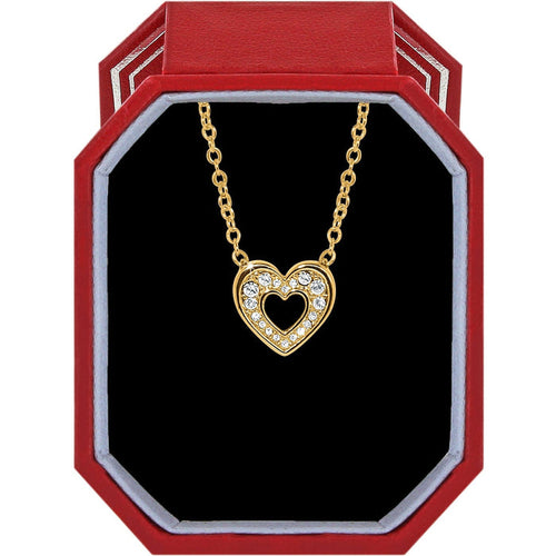Brighton gold-plated heart pendant necklace with crystal accents displayed in a red gift box on a white background