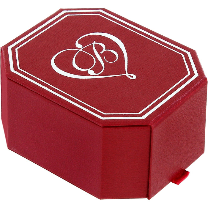 Brighton red gift box with white scroll monogram and decorative border, ribbon pull tab on a white background