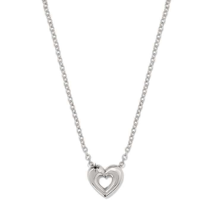 Brighton pendant necklace with silver-plated heart featuring cutout heart center on a delicate chain on a white background