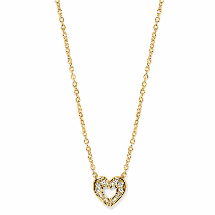Brighton pendant necklace with gold-plated heart outlined in crystals and cutout center on a white background