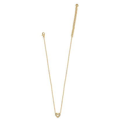 Brighton gold-plated heart pendant necklace with crystal accents, lobster clasp, and extender chain on a white background