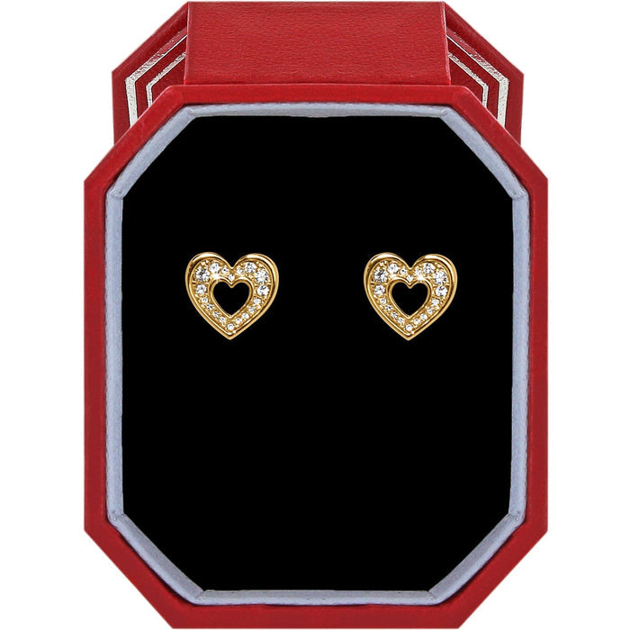 Brighton heart stud earrings with gold-plated finish and crystal accents displayed in a red gift box on a white background