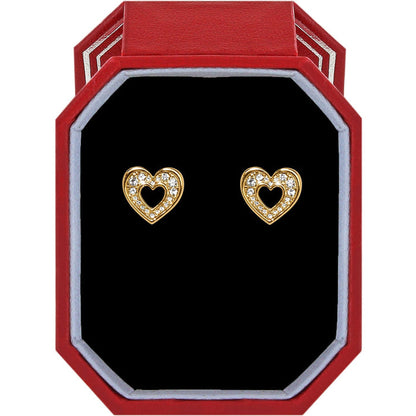 Brighton heart stud earrings with gold-plated finish and crystal accents displayed in a red gift box on a white background